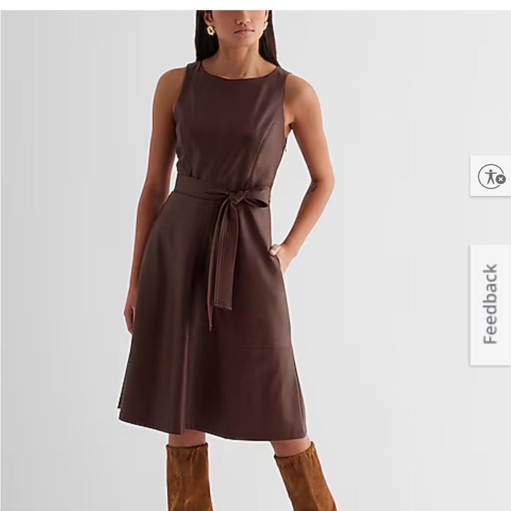 Express Maroon Faux Leather Crew Neck Tie Waist Midi Dress Size M New with Tags